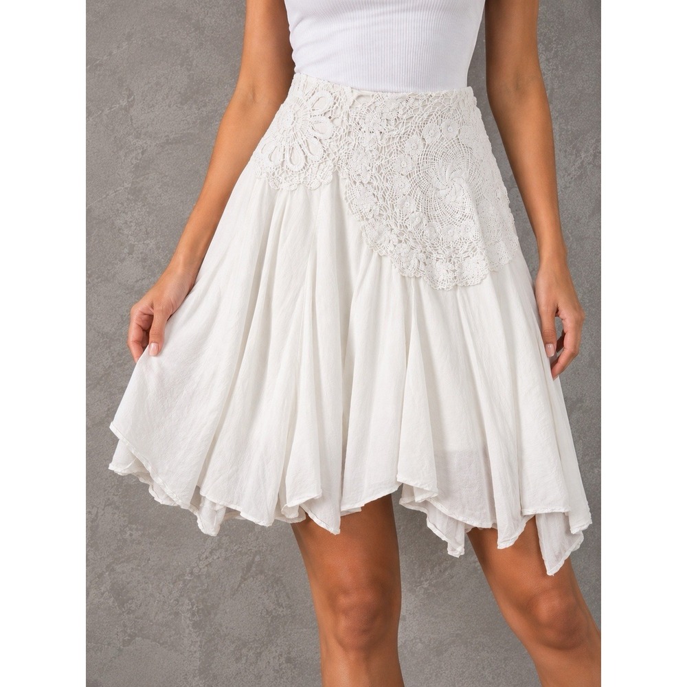 Anthropologie Midi Skirt Womens 16P White Lace Crochet Boho Handkerchief Hem
